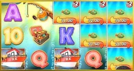 Big Bass Floats My Boat Schermata di gioco slot machine con simboli di pesca, barche e denaro