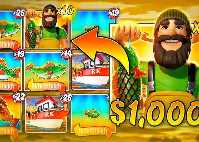 Big Bass Floats My Boat Pescatore con pesce, icone slot machine e premio in denaro